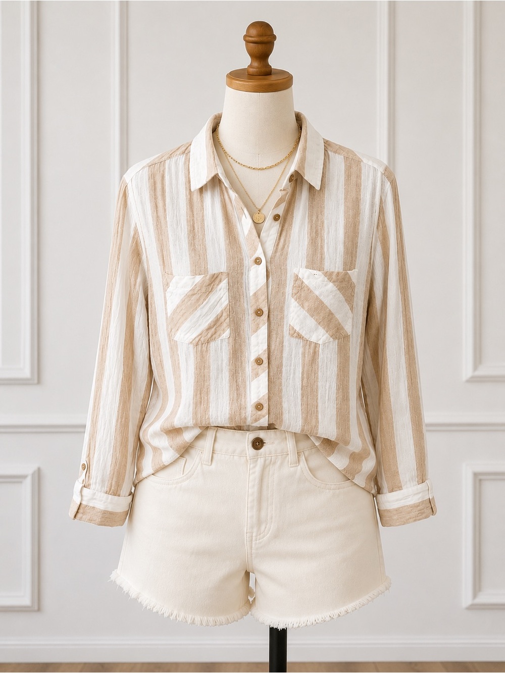 Vintage Beige and White Striped Button-Up Blouse